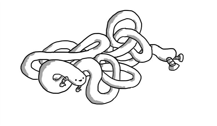 An enormously long, smooth robot, twisted and tangled up but looking quite happy about it. It has little arms at the front and little legs at the very end.
