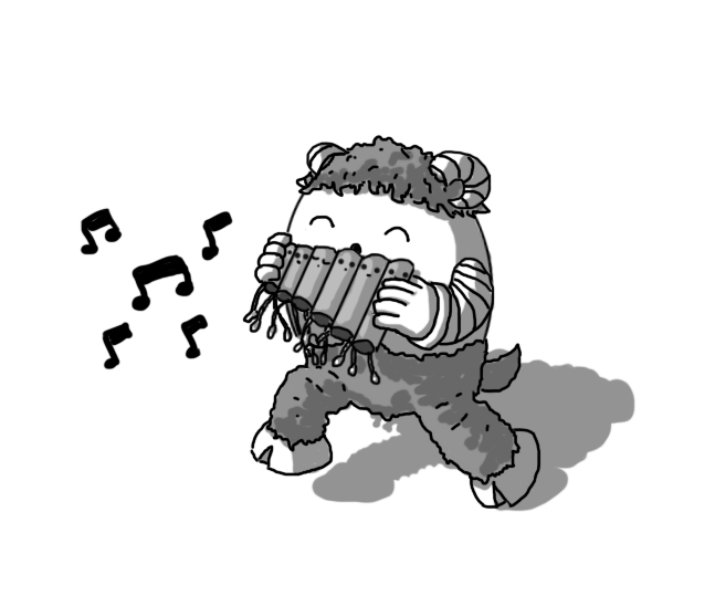 An ovoid (not Ovid) robot in the form of a classical Greek satyr (or Roman faun - from which the goat features originate). It has banded arms, its lower half is furry, it has cloven feet, a little tail and a mop of curly hair on its head, from which protrude a pair of curling, banded horns. It's dancing along with its eyes closed, playing a set of Pipesbots: six hollow cylindrical robots with dangling legs on their undersides, arranged like a set of panpipes.