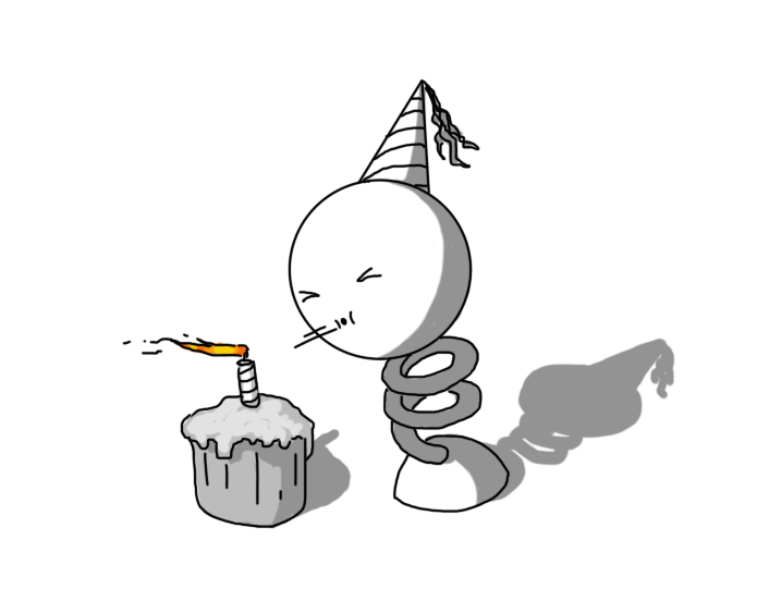 A spherical robot mounted on  spring with a round foot at the bottom. It's wearing a party hat and blowing out a candle on top of a little cupcake with all its might.