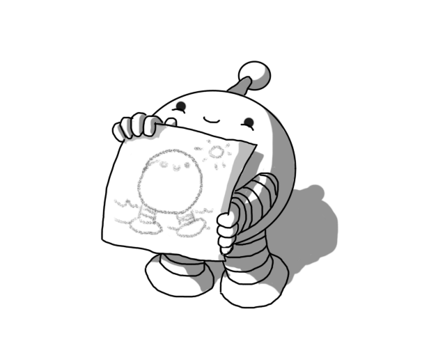 A spherical robot with banded arms and legs and an antenna, holding up a sheet of paper in front of itself, smiling over the top, angled slightly upwards. On the paper is a child-style crayon drawing of Bigbot on a beach with a little sun at the top.