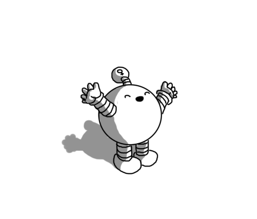 A small, spherical robot with banded arms and legs and an antenna. The bobble of the antenna has a little female symbol on it, and the robot is lifting up its arms, smiling joyfully with its eyes closed.