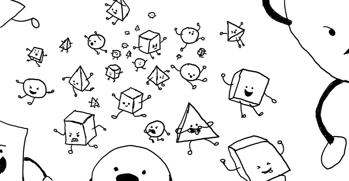 many, many small robots, shaped like cubes, spheres or pyramids, with little arms and legs waving in all directions. some are smiling, some laughing or shouting, a few angry and they're all leaping towards the frame, some very close indeed so only parts of them are visible.