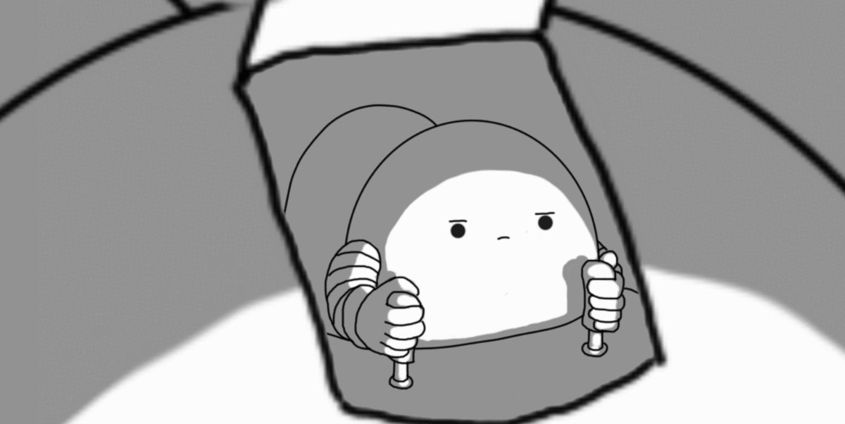 A GIF showing a round robot with banded arms sitting in the cockpit of a vehicle, operating two joysticks with a serious expression on its face. The view zooms in, and a hatch opens on the robot's forehead, revealing the same view of the robot inside, which zooms in again, over and over and over and over.