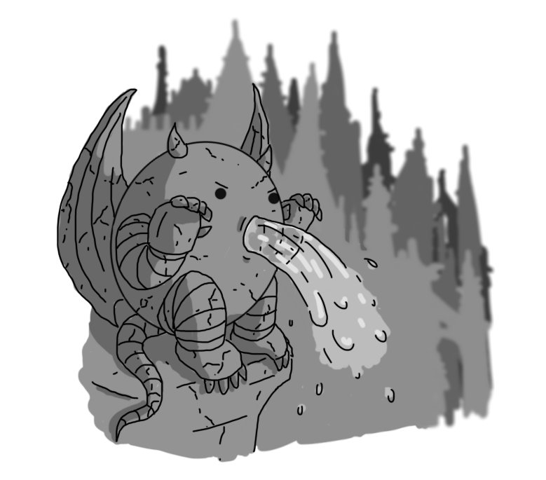 An ovoid robot with banded arms and legs, a banded tail, little horns and folded, membranous wings on its back. Its fingers and toes are little claws and every part of it has the texture of stone. It's squatting on a chunk of masonry, hands raised menacingly, with an angry look on its face as its open mouth spews a gout of water. In the background loom ranks of gothic spires and buttresses.