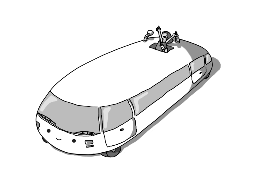A robot in the form of a long, rounded limousine. Its smiling face is on the front, below the windscreen, and it has a banded antenna with a bobble on the end where an aerial might be, towards the rear. Close to that is an open sunroof, which someone is popping out of. They're wearing a sash and have a bottle in one hand as they wave and shout, clearly have a grand old time.