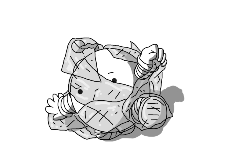 A spherical robot with banded arms and legs and a zigzag antenna. It's on the ground, wrapped around several times with transparent clingfilm, grumpily trying to extricate itself.