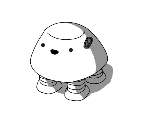 A robot shaped like a sort of flattened dome with four banded legs on its underside. There is a little rounded Bluetooth ear clip thing attached to one side of the robot, where it would have ears if it wasn't a robot, and it's smiling happily about it.