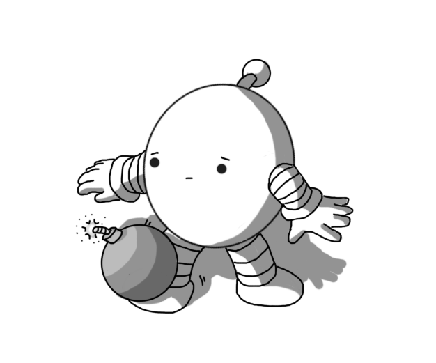 An ovoid robot with banded arms and legs and an antenna. It has an old-fashioned cartoon bomb with a lit fuse that it appears to have dropped onto its foot. Its expression is worried as it tries in vain to extricate itself from its predicament.