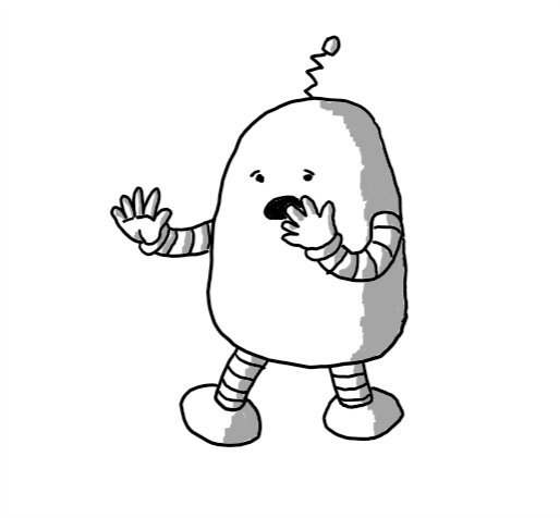 A rounded robot holding a hand up to its mouth as it makes a worried expression.