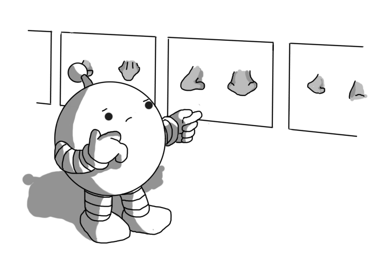 A spherical robot with banded arms and legs and an antenna, rubbing its chin and pointing at a wall of illustrations of human noses, seemingly deep in thought.