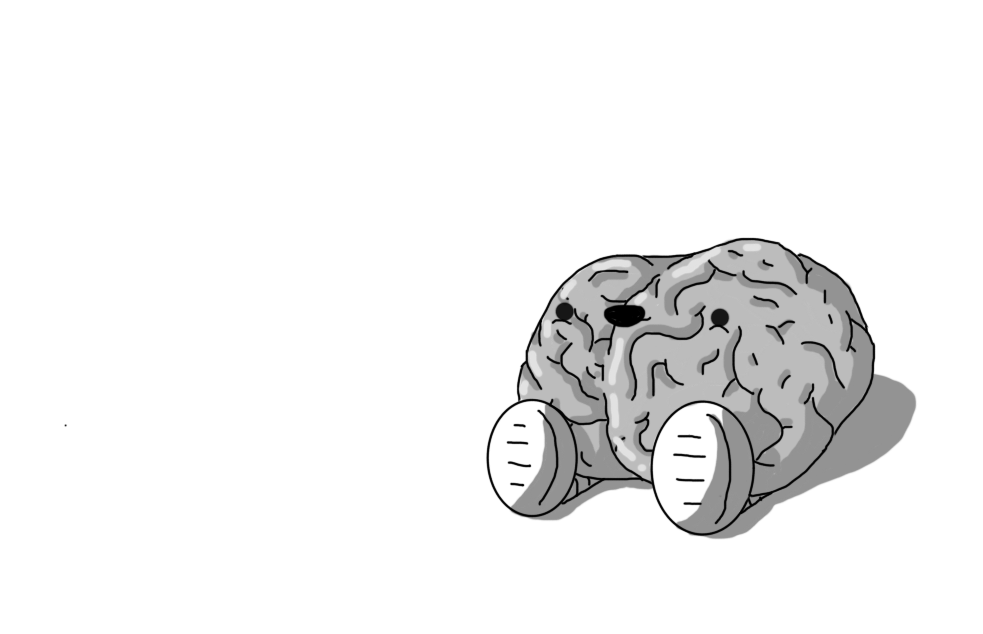 A robot in the form of a human brain with two banded legs, sitting on the ground with its feet in front of it. It's smiling vacantly, looking slightly upwards. The brain is glistening wetly, and the robot is sitting in the lower right of the frame, making it look a little bit lost and lonely, though seemingly unaware of its predicament.