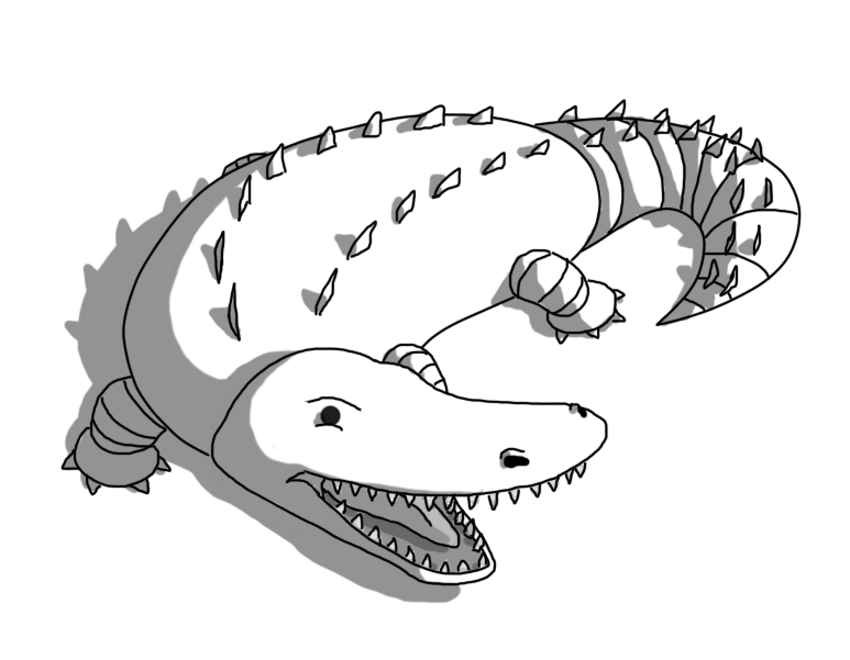 A robot in the form of a crocodile. It has a banded tail and banded legs, and two parallel lines of triangles running down its back and onto its tail. The robot is curled slightly around, and opening its mouth wide, showing off its many pointy teeth.