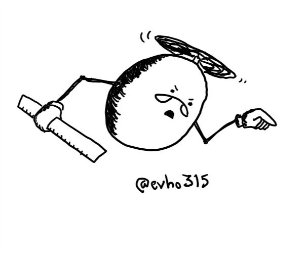 An ovoid robot held aloft by a top-mounted propeller, with jointed arms, one of which is pointing while the other one brandishes a ruler. It appears to be in mid-scold, and it peers over a set of curved reading glasses.