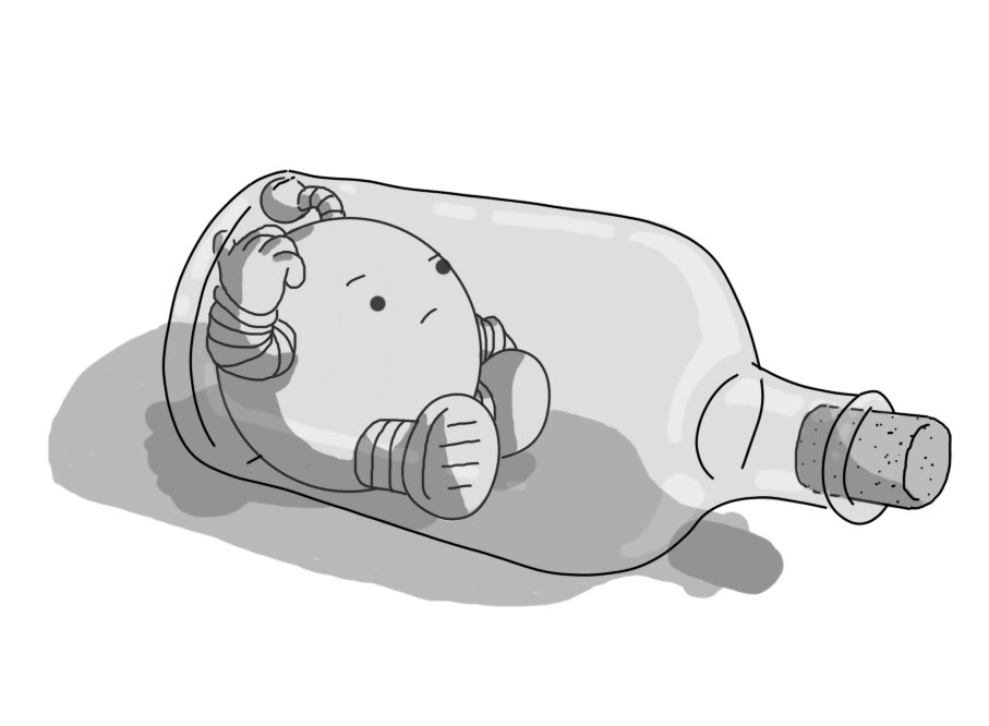 A spherical robot with banded arms and legs and an antenna, sitting in a glass bottle lying on its side. The robot is large enough that its antenna is being squashed downwards by the bottle, and it is demonstrably unable to pass through the bottle's neck, which is nonetheless stoppered with a cork. The robot is scratching its head and has an expression of confusion on its face.