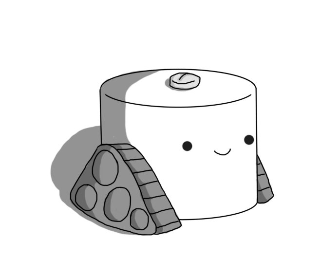 A robot shaped like a squat cylinder with triangular tracks on either side, rather like Teabot but with a solid top and no handle. Resting on top of it is a round pill with a central groove. The robot is smiling - it doesn't look worried or sympathetic or anything like that, it's just smiling normally as it delivers an ordinary medical intervention to someone who requires it.