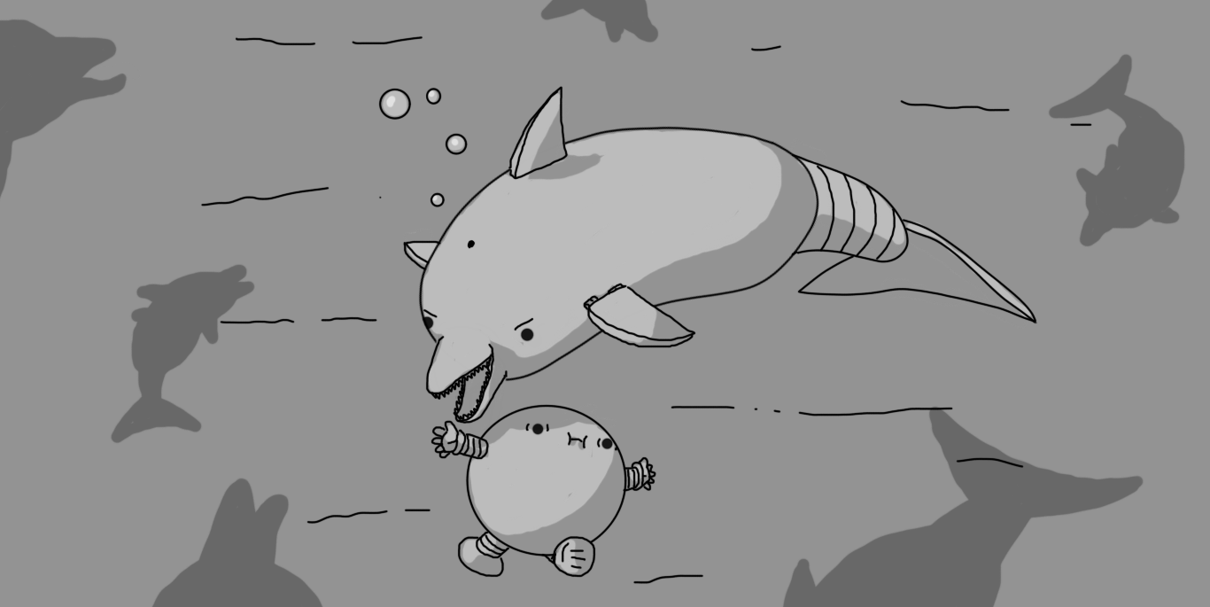 A robot that looks like a dolphin: it has a curved, sausage-like body with an integrated protruding beak, two hinged flippers on either side, a dorsal fin with a blowhole in front of it, a thick, banded tail on the end of which is a horizontally oriented fluke. Bubbles are ascending from its blowhole as it turns to menace an inflated Pufferbot that is flailing away from it with a terrified expression on its face. All around the duo are the circling silhouettes of other Dolphinbots.