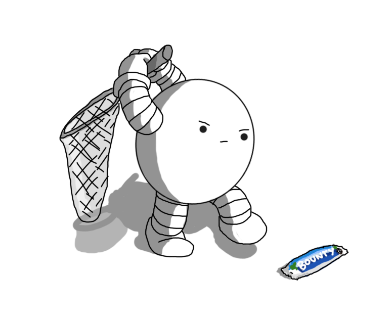 A round robot with banded arms and legs, holding up a large net with a handle. It's sneaking up on a chocolate bar in the distinctive blue and white packaging of the milk chocolate Bounty, as manufactured by Mars and distributed in the UK, Canada, Australia and - apparently? - Portugal. The robot looks quite determined to snag its prey.