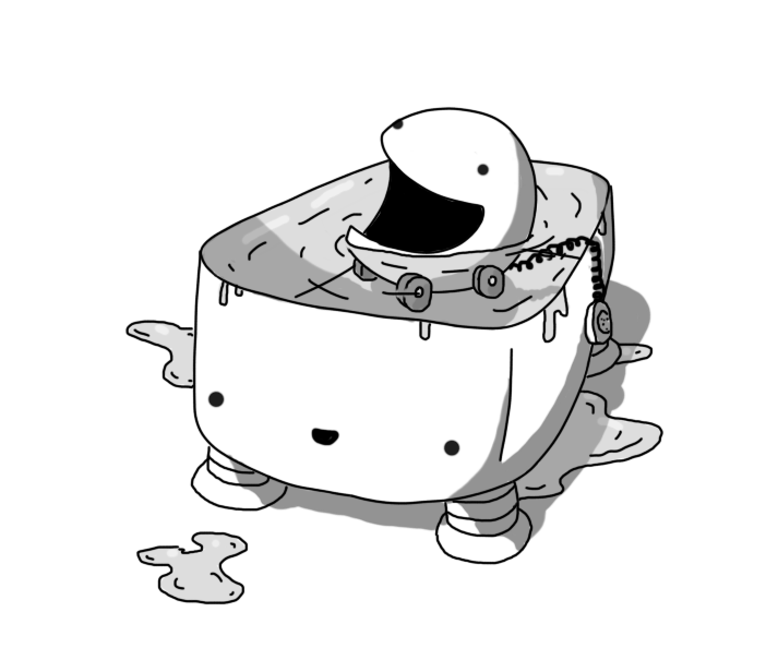 A robot in the form of a big rectangular tank or tub, with four short, banded legs on its underside. It's filled with water, right to the brim, some of which is spilling over the sides and forming puddles on the floor. Floating in the tank is Loudbot, a round robot with a very large mouth, four wheels and a speaker attached with a length of coiled wire. Displacementbot is smiling cheerfully, seemingly unaware of the mistake it's made.