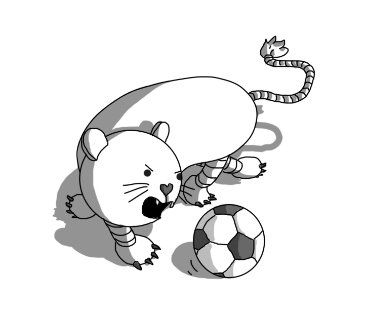 A robot in the form of a lioness. Like Cattobot, it has a separate body and head. The body is long and sausage-shaped, curling around, with four banded legs with feet that have little claws on them. It has a long banded tail with a tuft on the end. The robot's head is spherical, with whiskers, rounded ears and a heart-shaped nose. Its mouth is open and roaring, showing off two little fangs as it angrily savages a traditional football (soccer ball) that has a surface paneled with black pentagons and white octagons.