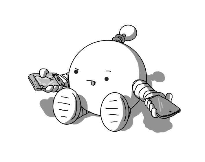 A spherical robot with banded arms and legs and a coiled antenna, sitting on the ground and holding two phones. One is an older model, scuffed and cracked, while the other is shiny and new. The robot is frowning down at the old one, raising an eyebrow and sticking its tongue out in concentration.