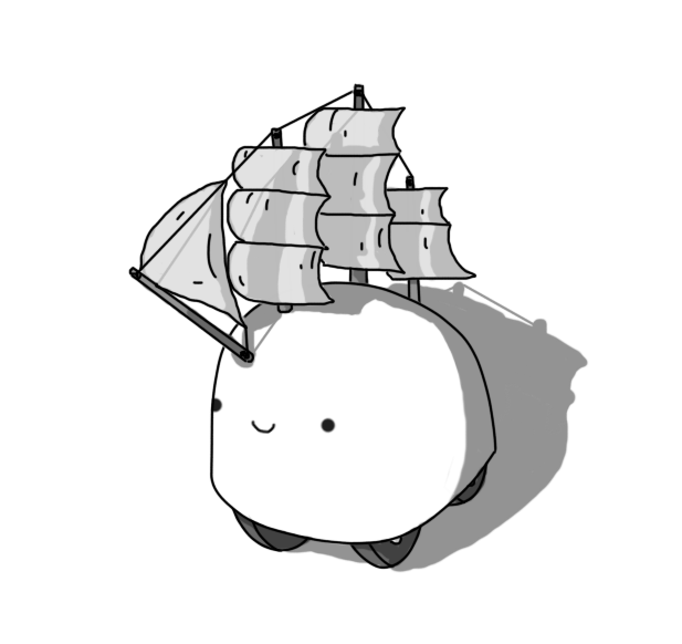 A round-topped robot with four wheels on its underside and three masts plus a bowsprit along its top, all hung with sails billowing outwards and connected by a line running between them. The robot is smiling happily.