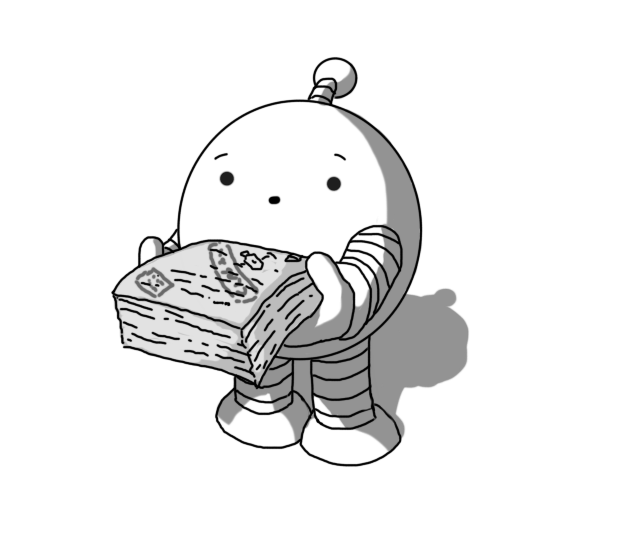 A round robot with banded arms and legs and an antenna. It's holding a big sheaf of documents in its hands, the topmost of which has various illegible stamps on it and illustrations that look like they might depict nuclear weapons. The robot is looking towards the frame with a surprised expression on its face.