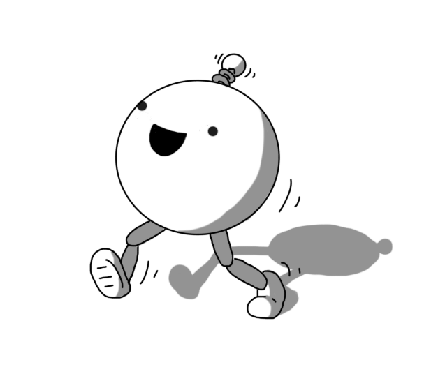 A spherical robot with two jointed legs and a coiled antenna. It's running along excitedly, its mouth open in a wide, joyful smile.