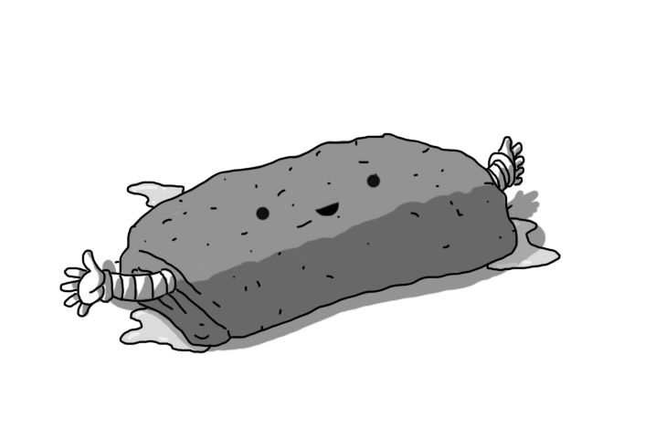 A robot in the form of a folded flannel with some water pooling around it and its lower section darker coloured to indicate its moistness. The flannel is oriented horizontally, with the robot's two banded arms on either end and a smiley face in the middle.