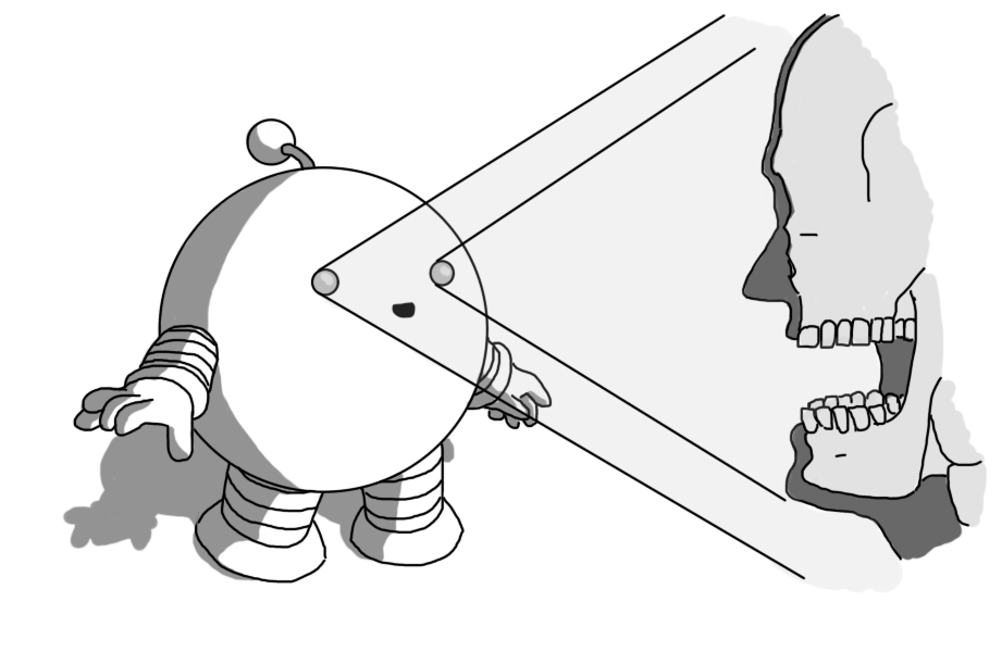 A spherical robot with banded arms and legs and an antenna. It's leaning forward, smiling, and its eyes are lit up, projecting two cones of light. In the path of the cones is the dark outline of a person's face angled slightly towards the robot, with its skull and some of its spine visible inside, in the manner of an X-ray image.