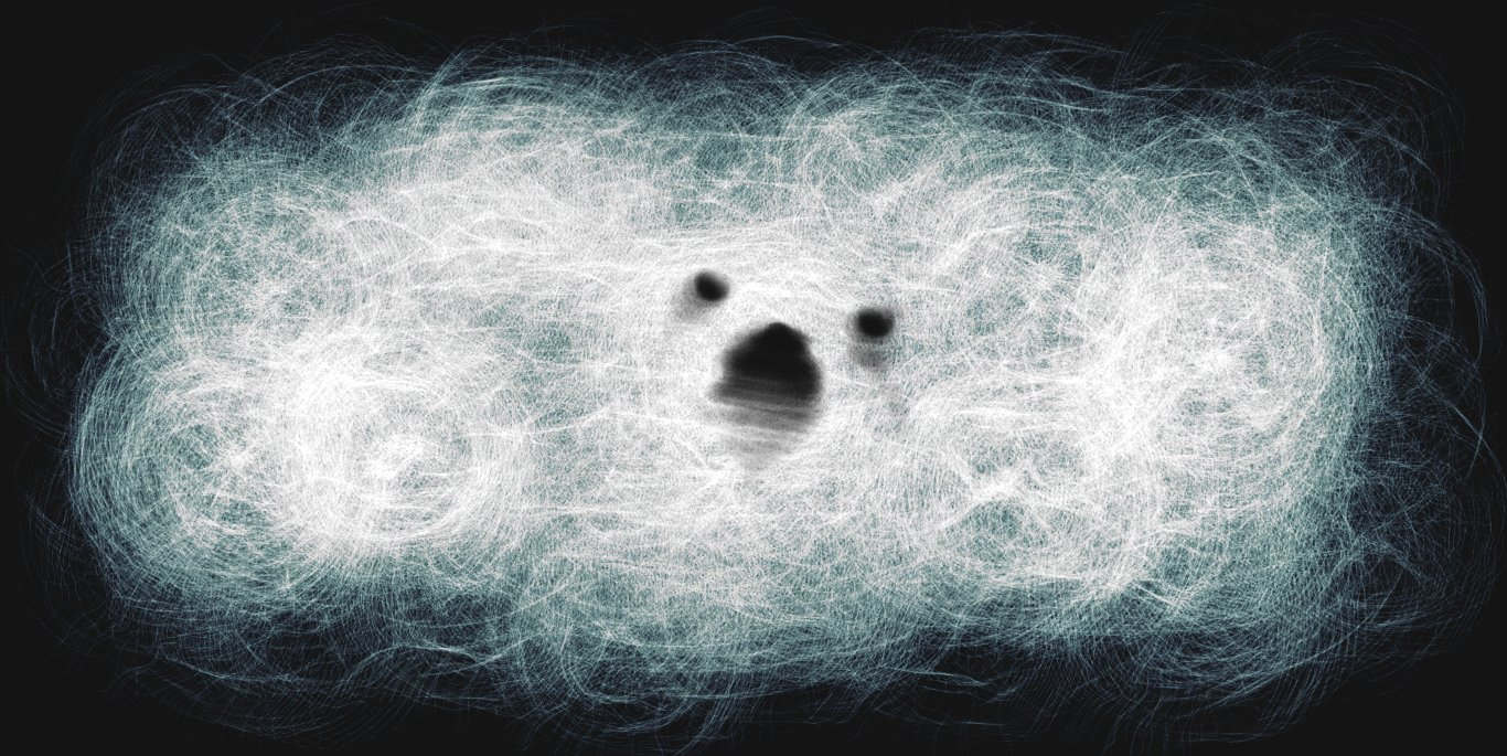 A large, wispy cloud made up of swirling tangles of tiny lines, blue around the edges and turning white where they're most dense. In the middle is a soft-edged face made up of angry eyes and a wide, bellowing mouth.