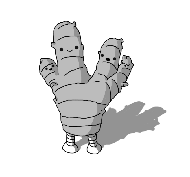 A knobbly, four-pronged ginger root. Each of the prongs is a robot, with a little face on it - three are smiling, and one on the end is asleep. The robots have a single pair of banded legs at the bottom.