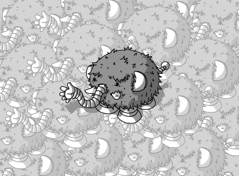 An ovoid robot in the form of an elephant: it has two rounded ears, a narrow, banded tail with a bobble on the end, four thick, banded legs and a long, banded trunk that ends in a hand. It has two blunt little tusks and is covered in fur, some of which forms a distinctive fringe (bangs) above its eyes. The background consists of the same image repeated over and over, overlapping and covering the entire frame, but slightly faded so as not to obscure the main Mastodonbot in the centre.