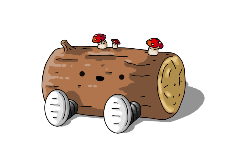 A robot in the form of a Yule log; a log lying on its side. Its banded legs are splayed out in front of it and it's smiling happily. Atop the robot/log are three Mushroombots (little robots in the form of cartoon fly agaric mushrooms), one of which is asleep.