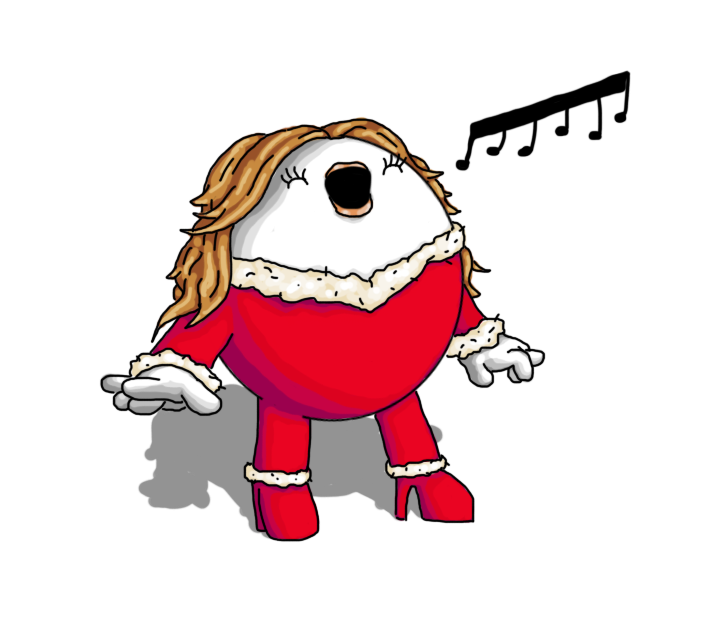 An ovoid robot wearing a red, fur-trimmed jumpsuit that incorporates heeled boots, holding out its hands and tilting backwards to sing with its eyes closed. It's wearing lip gloss, has long eyelashes, and has a cascade of balayage hair framing its face. A long, cartoon musical note with multiple stems is emerging from the robot's mouth, representing Mariah Carey's distinctive, polyphonic warble.