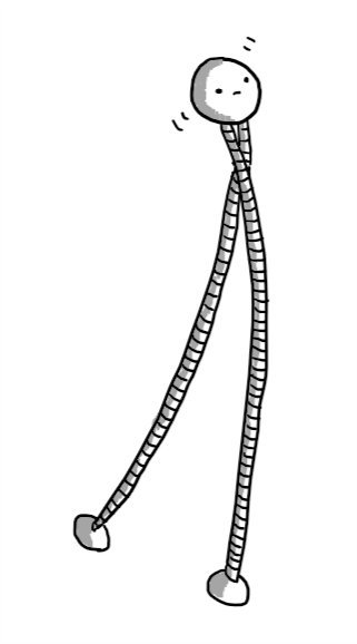 A spherical robot wobbling uncertainly atop a pair of extremely long legs.