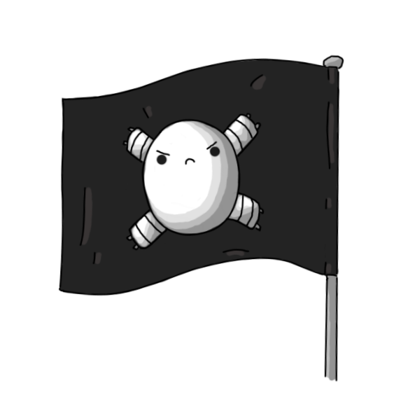A robot in the form of a black flag. On the flag - it's unclear if it's actually the robot or a design on the flag - is an ovoid robot with a very grumpy face. Behind its body are two crossed, banded arms that are disconnected, revealing two little connecting ports on each end of them.