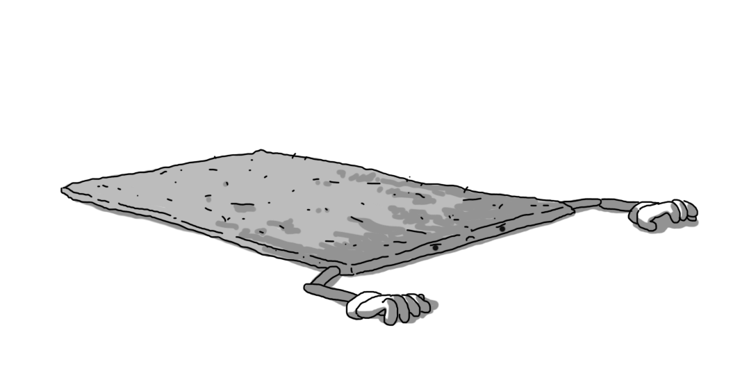 A robot in the form of a rectangular, deep-pile rug, lying on the ground. It has two jointed arms emerging from its long edges, positioned close to one end, which also has the robot's face on it. The robot's hands are positioned as if gripping onto the floor, and its face looks very grumpy.