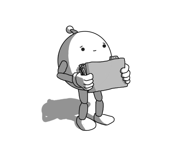 A round robot with jointed arms and legs and an antenna. It's holding a tabbed folder in front of it that is stuffed with documents and has a sympathetic expression on its face.
