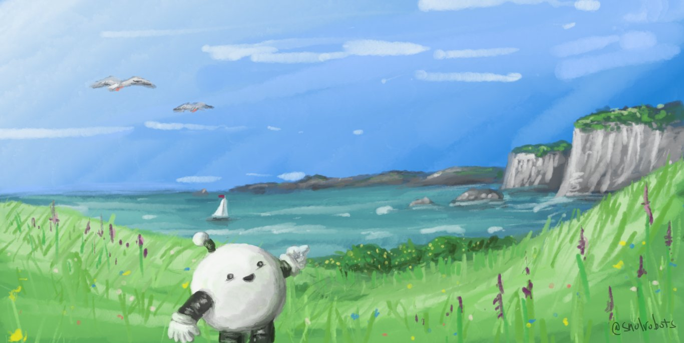 A watercolour-style image of a clifftop view across the sea. In the foreground is a grassy meadow speckled with wildflowers, with a gorse bush in flower on the edge. Grey cliffs march out in a series of headlands, fading into grey hills, while the sea is dark teal, with the suggestion of white wave crests washing in towards the cliffs and a sailboat bobbing along. Two seagulls wheel in the blue sky which is streaked with pale clouds. A spherical robot with banded arms and legs and an antenna stands at the front of the frame, smiling and pointing out at the view.