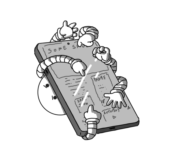 A phone displaying a website that has a few blocks of text interspersed with drop-downs, frames and videos labelled things like "SOME SHOW", "FRAME", "SAME SHOW" and "AUTOPLAY". The top of a round robot is visible peering out from one side, its eyes angry, while six banded arms emerge from beneath the phone at other angles, variously clicking, pointing, swiping or poised for action over the jumbled screen.