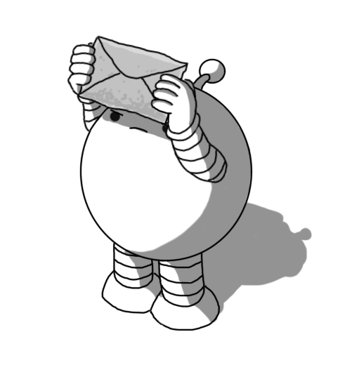 A round robot with banded arms and legs and an antenna, holding up an envelope in front of it, raised as if towards the light. The contents of the envelope are rendered semi-transparent, revealing that in addition to a card or letter, there are lots of little dots and blobs all clustered at the bottom or caught up in the envelope's folds. The robot doesn't look happy about this.