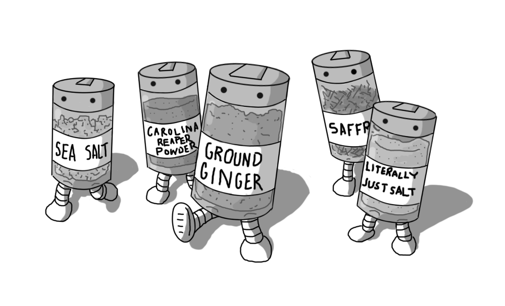 Five robots in the form of cylindrical spice jars with little lids on them. They each have two banded legs on their undersides and eyes on their lids. The jars are labelled and contain ground ginger, sea salt, saffron, Carolina reaper powder and "literally just salt".