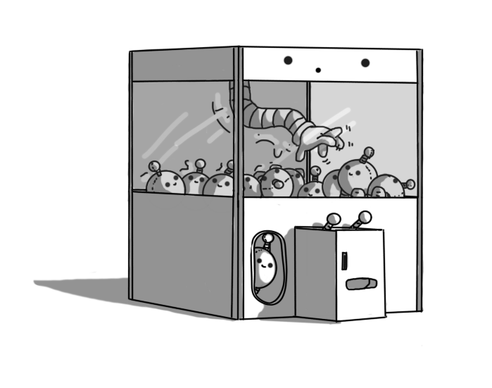 A robot version of a claw machine arcade game. It takes the form of a large box, with a perspex upper section and a cuboid projection that has coin and change slots and two levers that look like banded robot antennae. Inside the box is a banded arm that extends from the ceiling, that is waggling its fingers over numerous plush Mondaybots piled up below it. A hatch is next to the controls for retrieving the prizes, and one of the plushes has just appeared in it. The robot's face is on the panel above the perspex section, and it's making an excited 'ooooh' face, with its mouth slightly to one side.