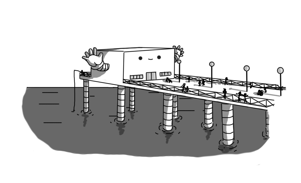 A robot in the form of a seaside pier. It's suspended over a stretch of seawater, and consists of a large, flat, rectangular surface and a little cuboid building near the end. The struts of the pier are on either side, with four pairs visible, and take the form of banded robot legs. The robot's face is on the building, above a door and a couple of sets of windows. There are guardrails along the side of the pier, with crossed bars in each section, and a row of tall lights along the centre. At the far end of the pier, behind the building, is a short section for observing the view uninterrupted. People are dotted along the pier, including someone fishing from the very end. The building has two banded arms, raised in welcome, and the robot is smiling happily.