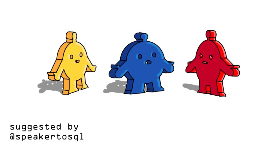 Three robots (?) that take the form of 'meeples' - flat, wooden stand-ups used in certain fashionable, serious board games. Each robot is circular, with little arms and legs and an antenna on the top; their facial features are holes right through their thickness. One is yellow, one blue and one red. The red one looks angry, while the blue one seems to be trying to reason with it and the yellow one is approaching, smiling.