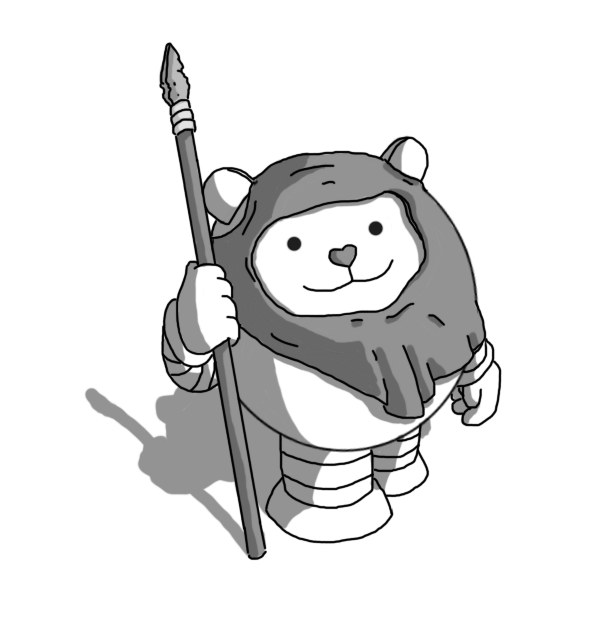 A robot that looks like an Ewok from Star Wars. It's round, with short, banded arms and legs and round, bear-like ears and a heart-shaped nose. It's carrying a spear tipped with a flint blade and has a ragged hood draped across its self, with a hole for its face. It's turning slightly towards the viewer, like the famous production shot of Warwick Davies in costume as Wicket during the filming of Return of the Jedi.
