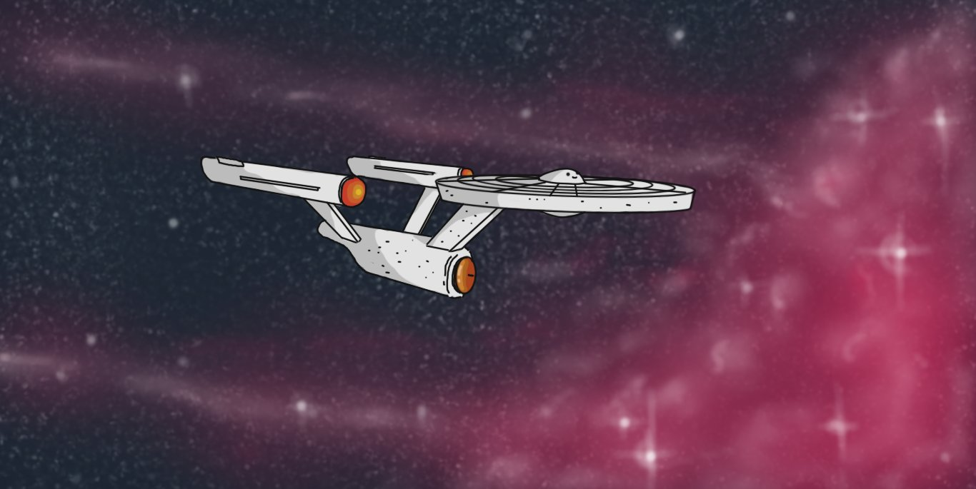 A full colour image of what is, basically, the starship Enterprise from Star Trek: The Original Series. It's pale grey, consisting of a saucer-shaped primary hull, connected by an angled stem to a cylindrical drive section, from which protrude two tubular engines, held parallel to the saucer by angled struts. The engines have glowing, reddish tips and the drive section has a concave, metallic, bronze dish at its front with a small antenna in the centre. Atop the saucer section is a domed module that would ordinarily hold the bridge, but which in this instance has a smiling face on it. In the background is an expanse of dark blue space, speckled with stars, with a hazy, fuchsia nebula on the right side of the frame, spinning out gaseous streamers, all twinkling with stars.