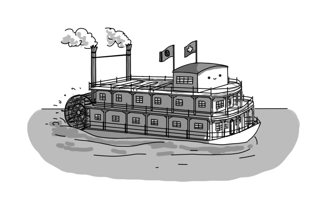 A robot in the form of a shallow-keeled paddle steamer, typical of those associated with river transport in the 19th-Century American South. It has two floors, with a little hut at the top which has the robot's face on it, two funnels and a number of paddle wheels to stern and is flying the flags of Tennessee and Switzerland. The top deck of the boat has some benches, while the other decks resemble columned verandas, with windows along each side.