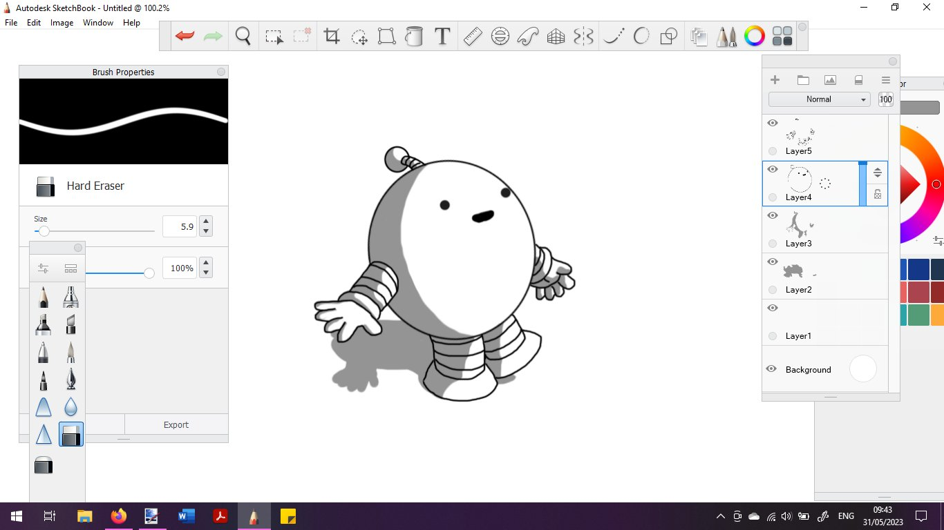 A round robot with banded arms and legs and an antenna. It's positioned in the middle of a screenshot of my desktop while I'm using the program to draw it. There are various toolbars, palettes and other widgets around it, revealing the layers and brushes used to produce it. The robot is looking up at its surroundings, with a slightly ambiguous smile on its face.