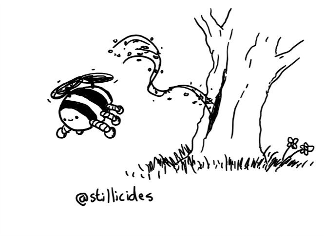 A smiley, ovoid robot, striped like a bumble bee, with six legs and two propellers sticking out from its back instead of wings, leading a swarm of bees out from a hollow in an old tree trunk.